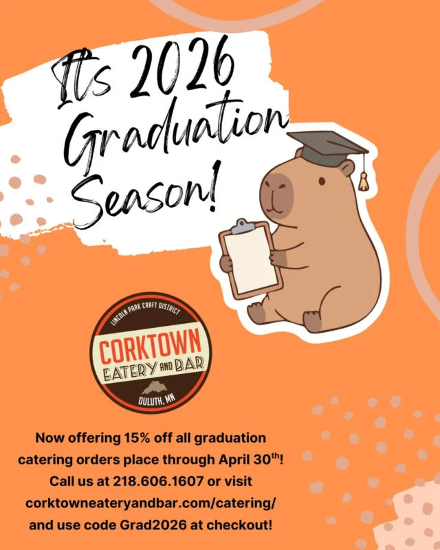 🚨Corktown’s Capybara has some exciting news! All graduation catering placed by April 30th is now 15% off! We offer slider platters, entrees, loaded mac and cheese and more - just use code Grad2026 at checkout!

Corktowneateryandbar.com/catering